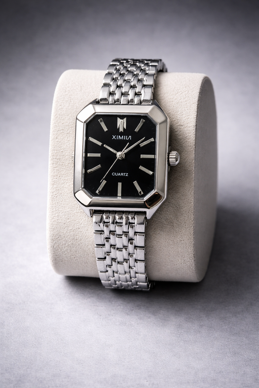 Quadratische Quarz-Armbanduhr (Silber mit schwarzem Zifferblatt)