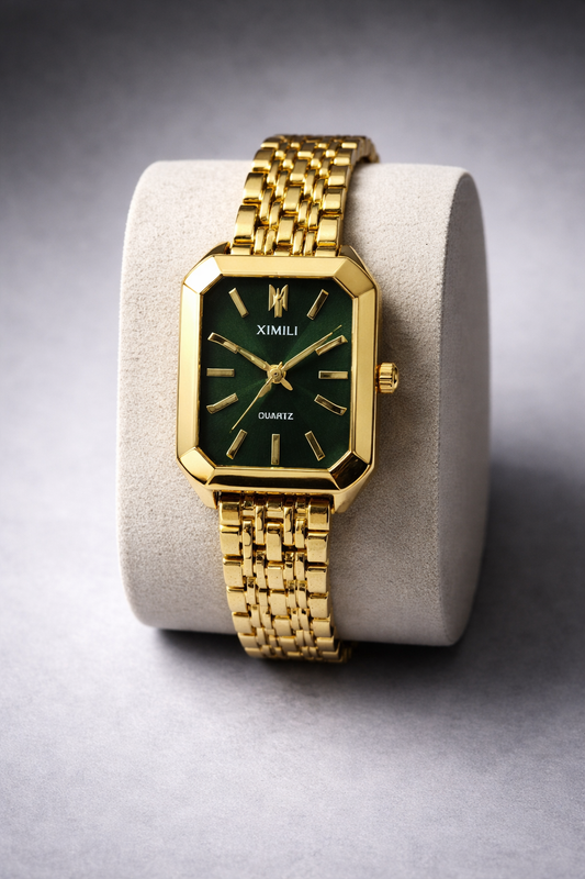 Quadratische Quarz-Armbanduhr (Gold mit grünem Zifferblatt)