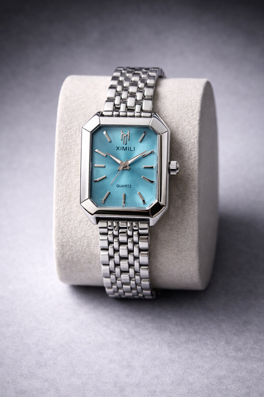 Quadratische Quarz-Armbanduhr (Silber mit türkisfarbenem Zifferblatt)